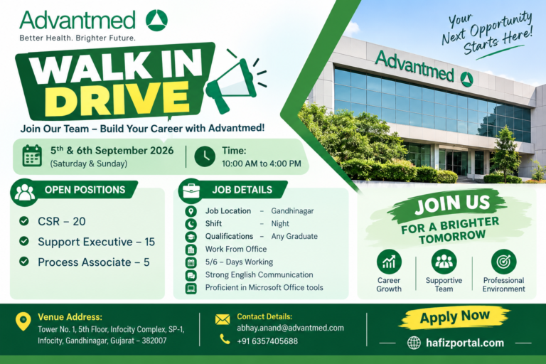 Advantmed Walk-In Drive 2026 hiring for CSR, Support Executive and Process Associate positions in Gandhinagar, Gujarat