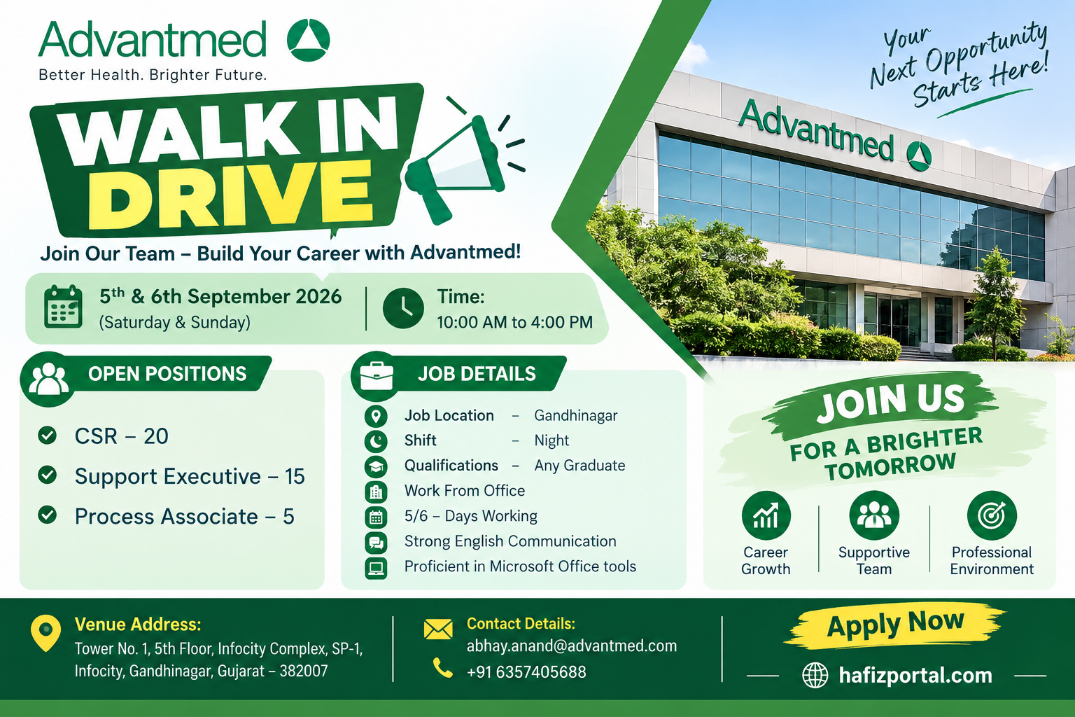 Advantmed Walk-In Drive 2026 hiring for CSR, Support Executive and Process Associate positions in Gandhinagar, Gujarat
