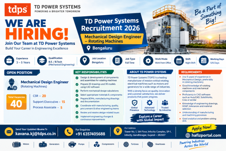 TD Power Systems Mechanical Design Engineer job vacancy in Bengaluru for candidates with 3 to 5 years of experience and a B.E. or B.Tech in Mechanical Engineering.