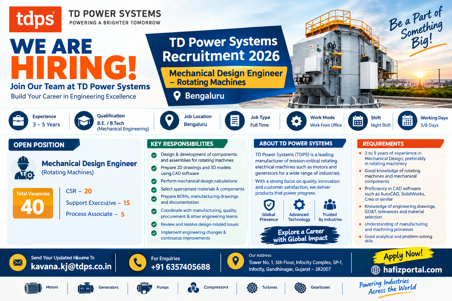 TD Power Systems Mechanical Design Engineer job vacancy in Bengaluru for candidates with 3 to 5 years of experience and a B.E. or B.Tech in Mechanical Engineering.