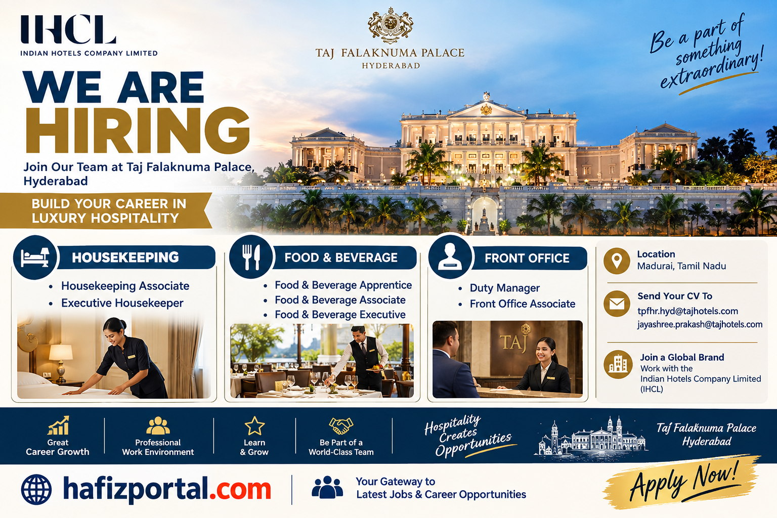 Taj Falaknuma Palace Hyderabad recruitment 2026 hiring for housekeeping, food and beverage, and front office positions with application details.
