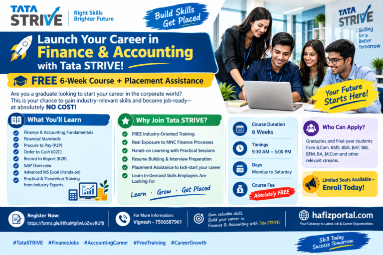 Tata STRIVE free 6-week Finance and Accounting course with placement assistance for graduates.