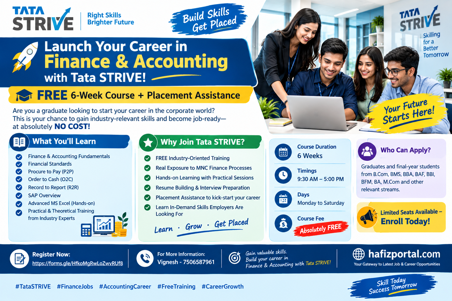 Tata STRIVE free 6-week Finance and Accounting course with placement assistance for graduates.