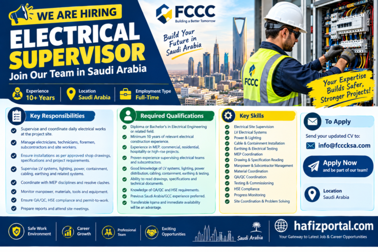 Electrical Supervisor job vacancy in Saudi Arabia for candidates with 10+ years of electrical construction and MEP experience, featuring key responsibilities, qualifications, skills, and application details.