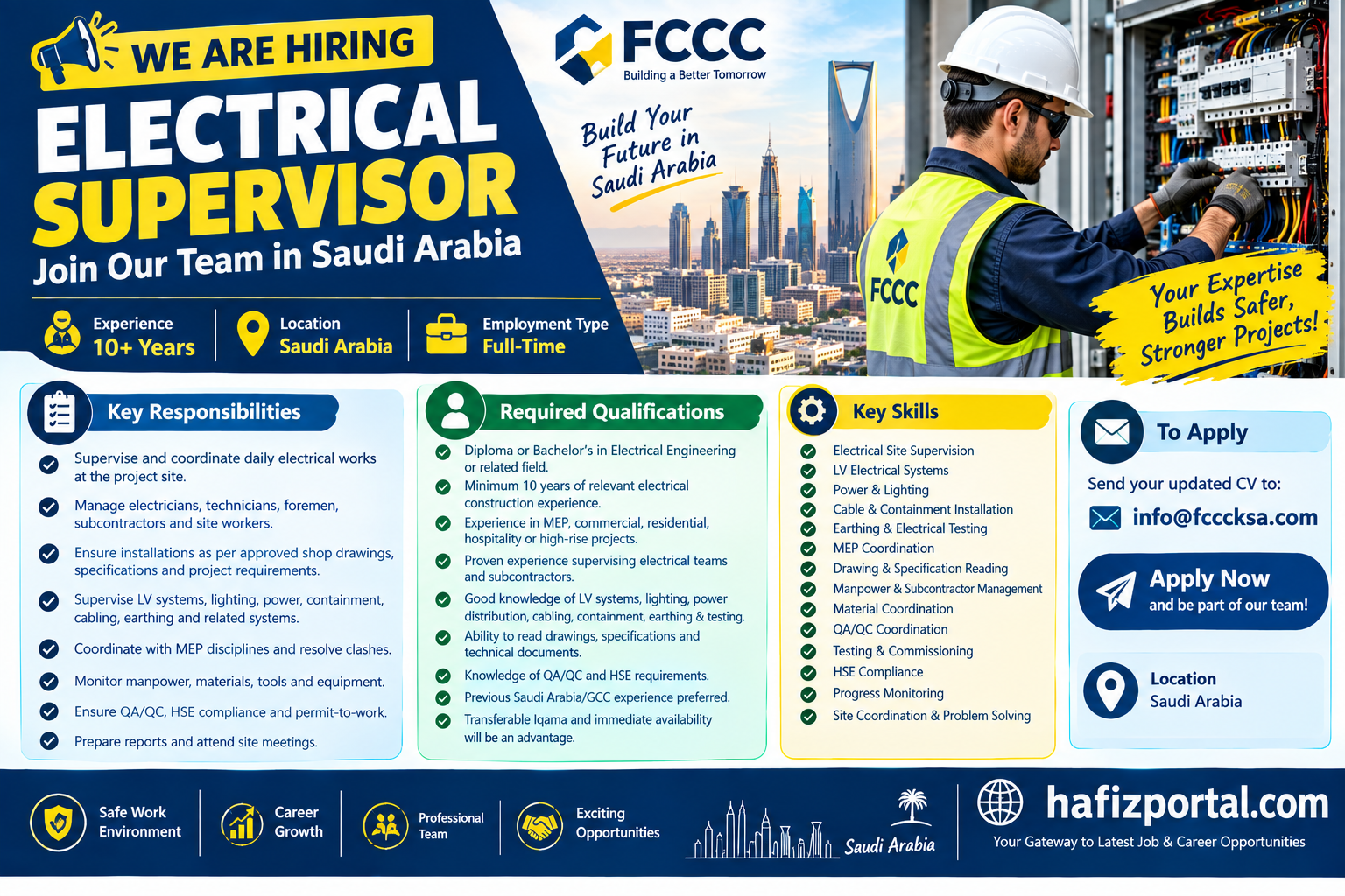 Electrical Supervisor job vacancy in Saudi Arabia for candidates with 10+ years of electrical construction and MEP experience, featuring key responsibilities, qualifications, skills, and application details.