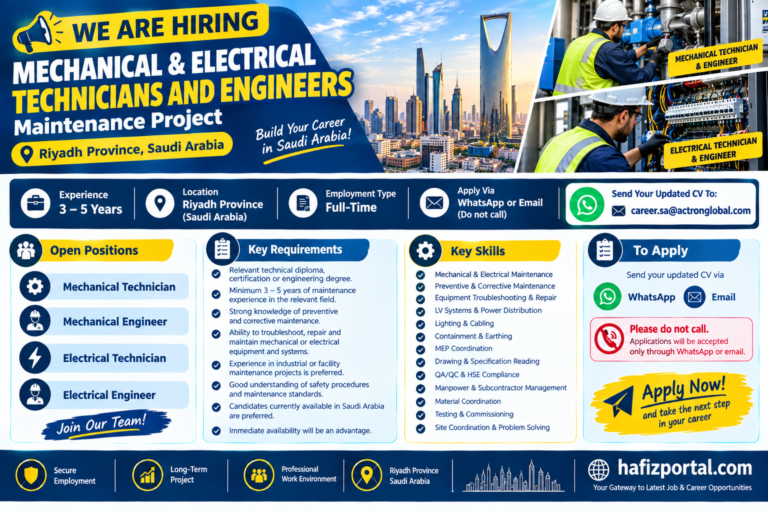 Mechanical and Electrical Technician and Engineer jobs in Riyadh Province, Saudi Arabia, for a long-term maintenance project with 3–5 years of experience required.