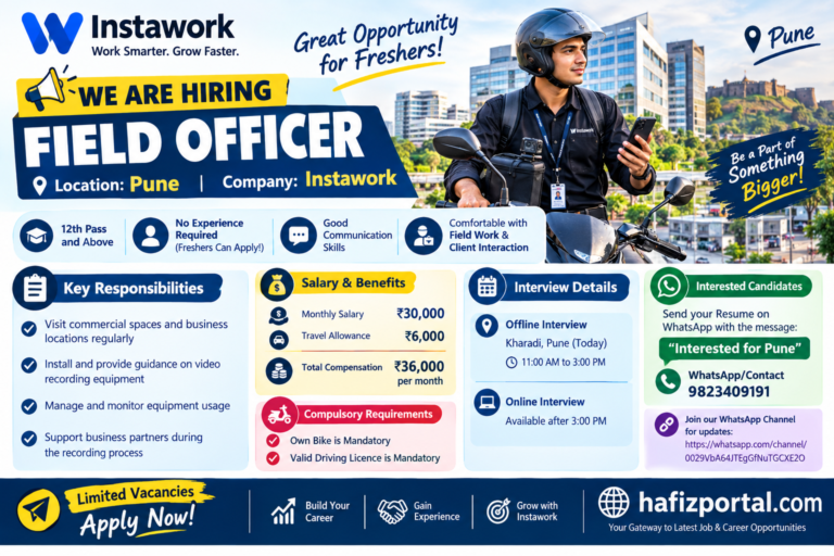 Instawork Field Officer job vacancy in Pune for freshers and experienced candidates with ₹30,000 salary plus ₹6,000 travel allowance