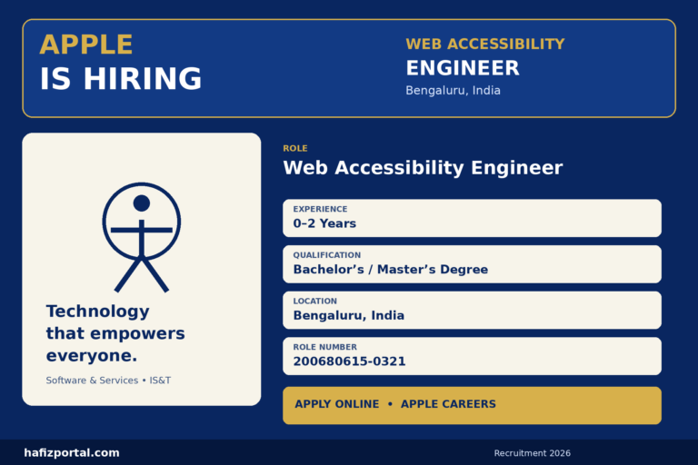 Apple Web Accessibility Engineer recruitment 2026 in Bengaluru for early-career candidates with 0–2 years of experience and a Bachelor’s or Master’s degree.