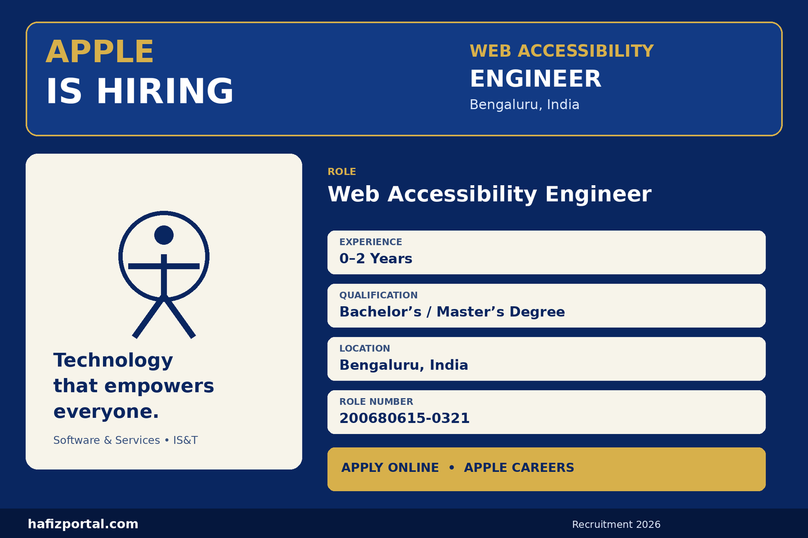Apple Web Accessibility Engineer recruitment 2026 in Bengaluru for early-career candidates with 0–2 years of experience and a Bachelor’s or Master’s degree.
