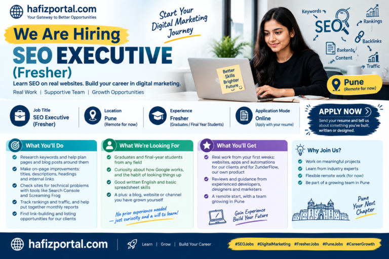 SEO Executive Fresher Jobs in Pune 2026 for graduates and final-year students, with remote work, keyword research, on-page SEO, technical SEO and digital marketing training.